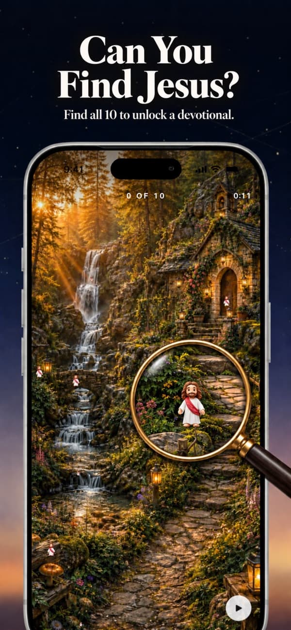 Find Jesus Bible game on iPhone: a daily scene with 10 hidden figures of Jesus to find