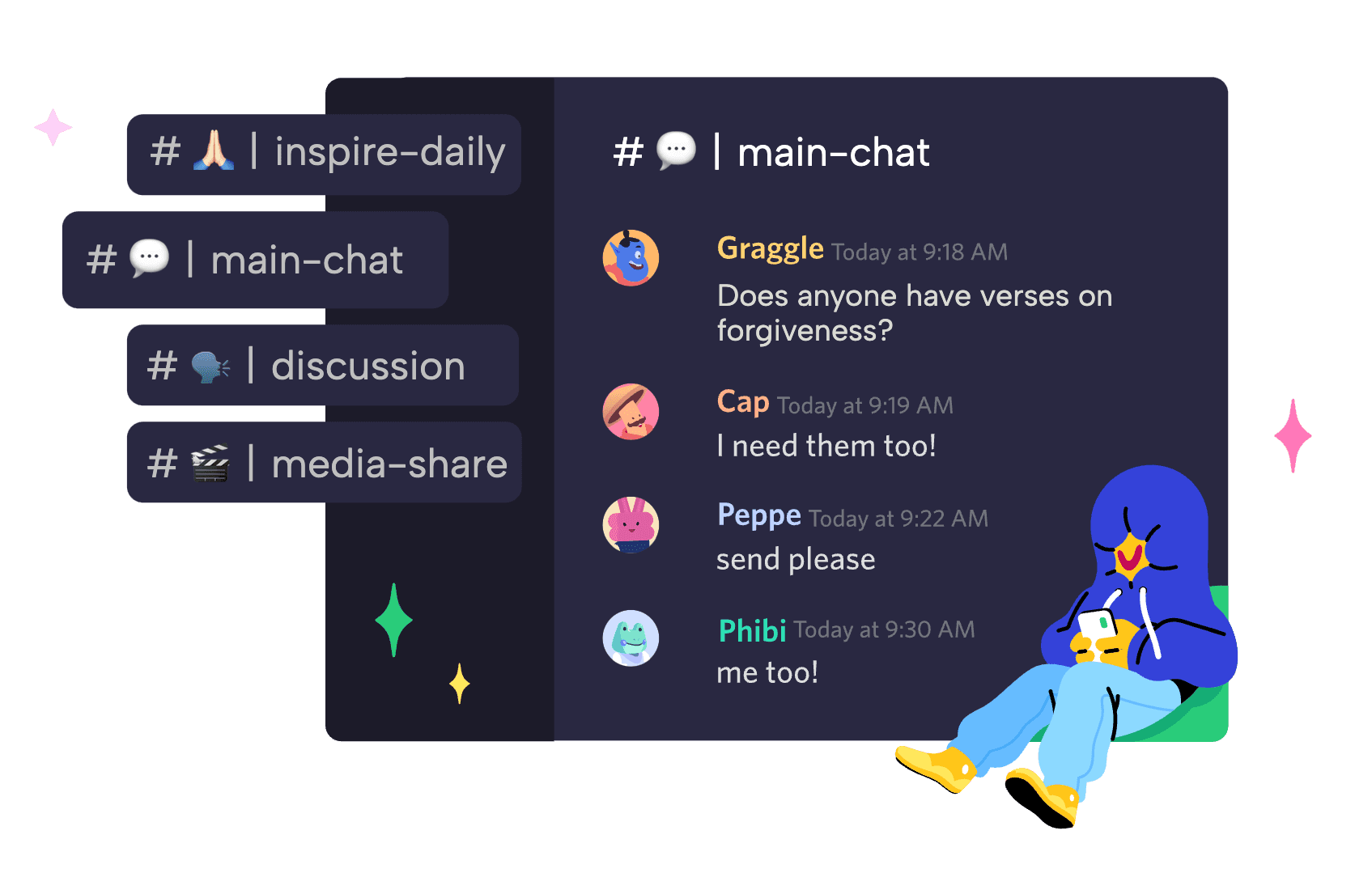 A preview of the @Jesus Discord server: channels like inspire-daily and main-chat, with members asking for verses on forgiveness